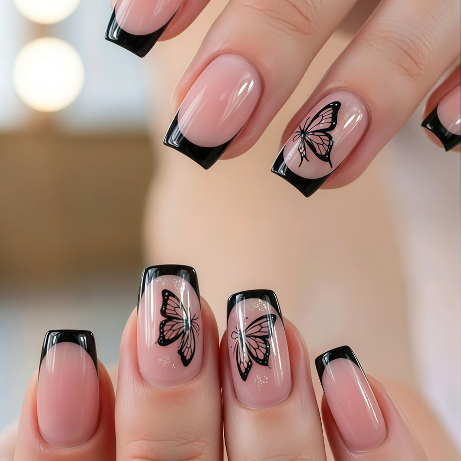 Butterfly French Nails – Black & Pink Style