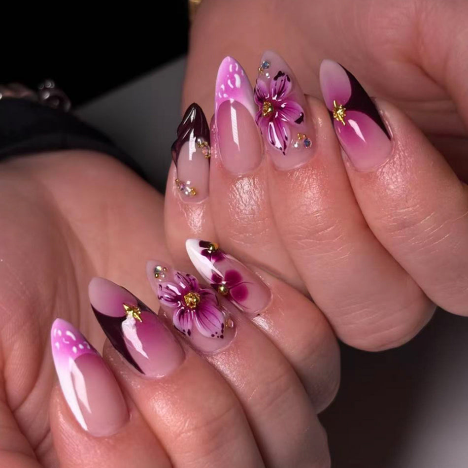 Black 3D Flower Almond Nails – Elegant Short Set