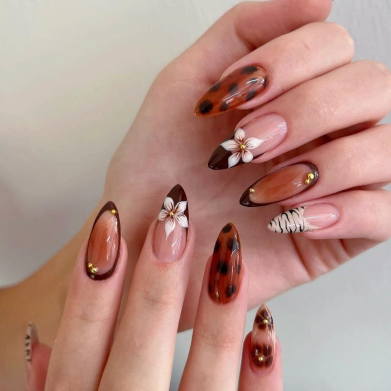 Mocha Brown 3D Flower Nails – Rhinestone Almond Set