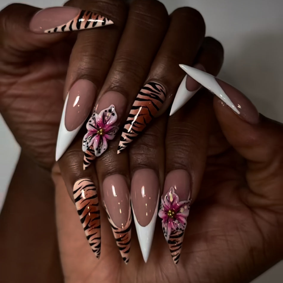 White French 3D Flower Nails – Leopard Style Set