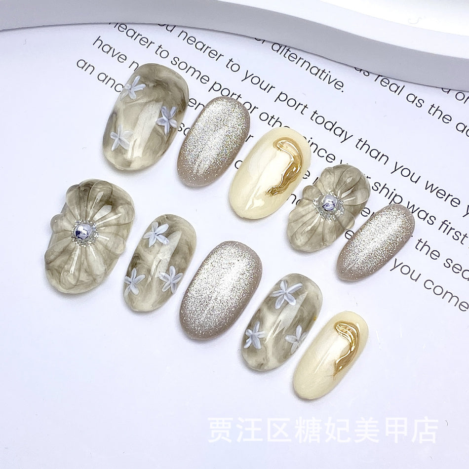 3D Floral Cat Eye Nail Tips – Handmade Design
