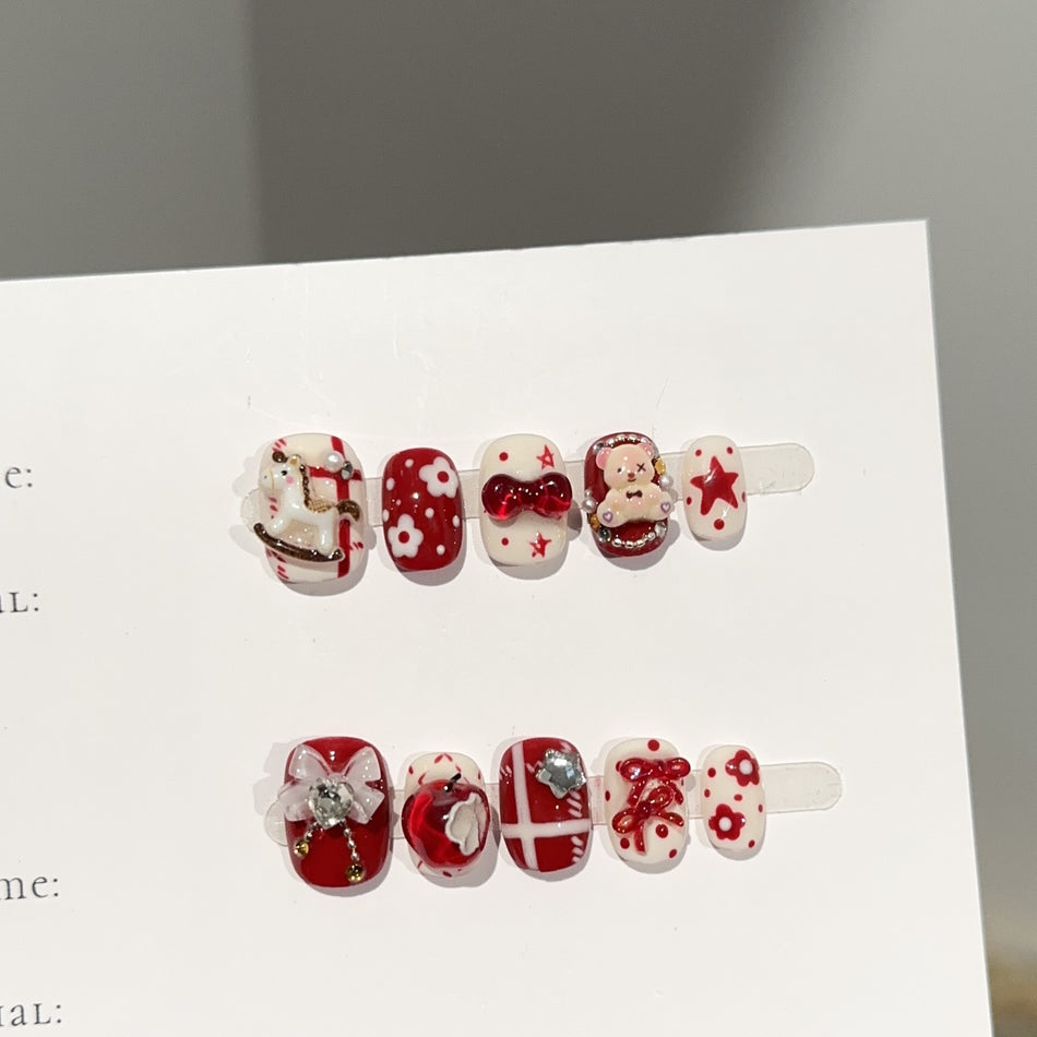 New Year Red Pony Nails – Cute Handmade Style