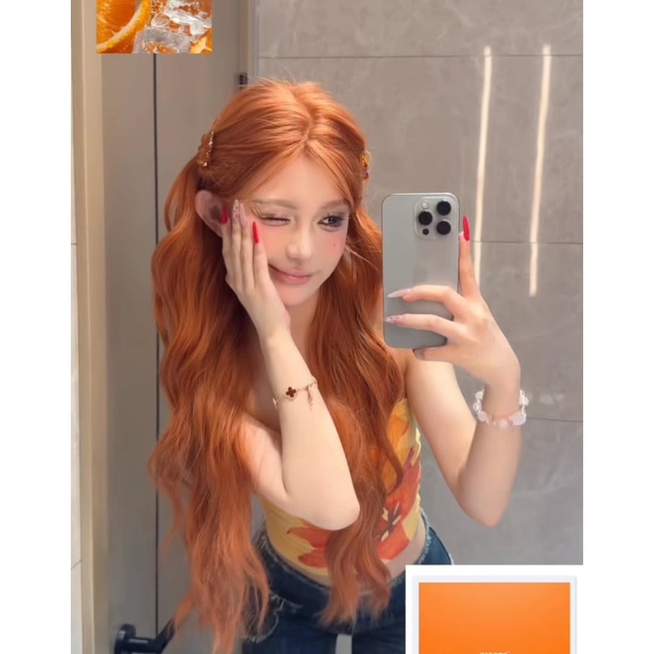 Women’s Orange Brown Long Curly Wave Wig
