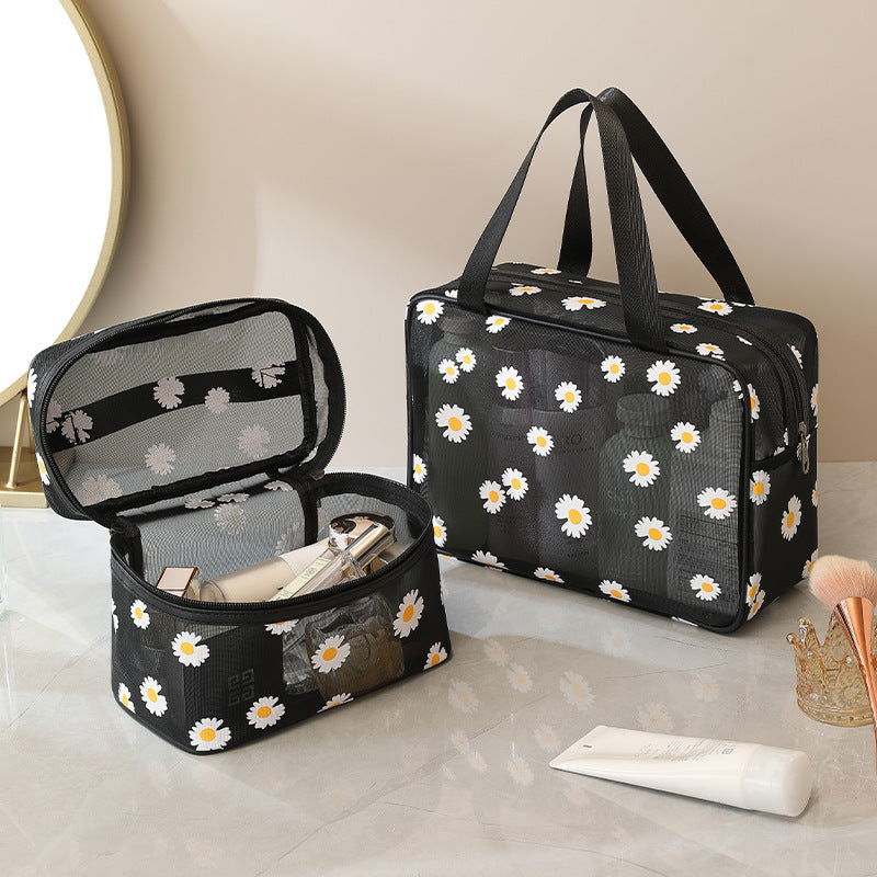 Women's Daisy Mesh Cosmetic Bag Large Capacity Travel Storage Pouch