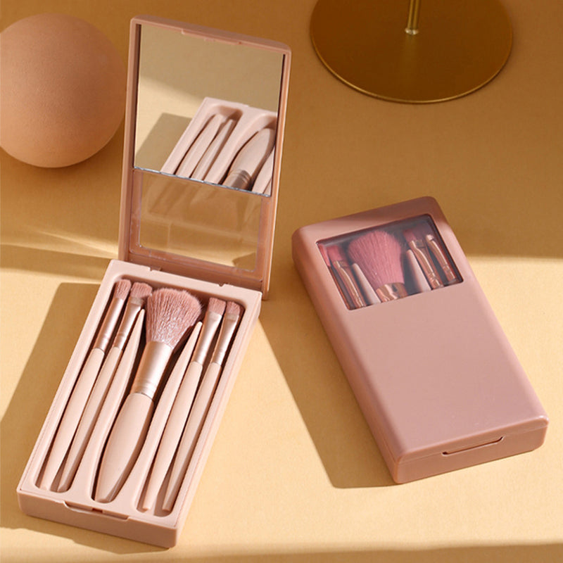 5-Piece Makeup Brush Set with Mirror Case Portable Travel Kit