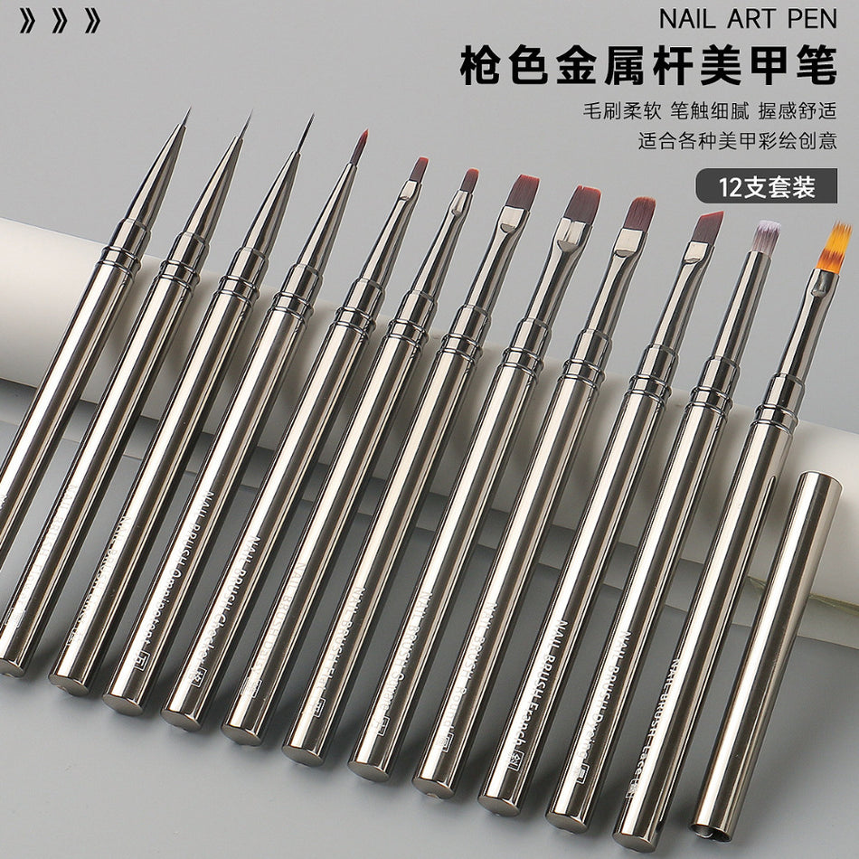 12-Piece Stainless Steel Nail Art Brush Set with Metal Handles