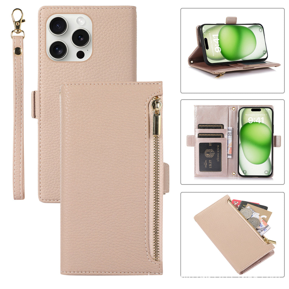Textured Flip Phone Case with Card Slots and Lanyard Loop