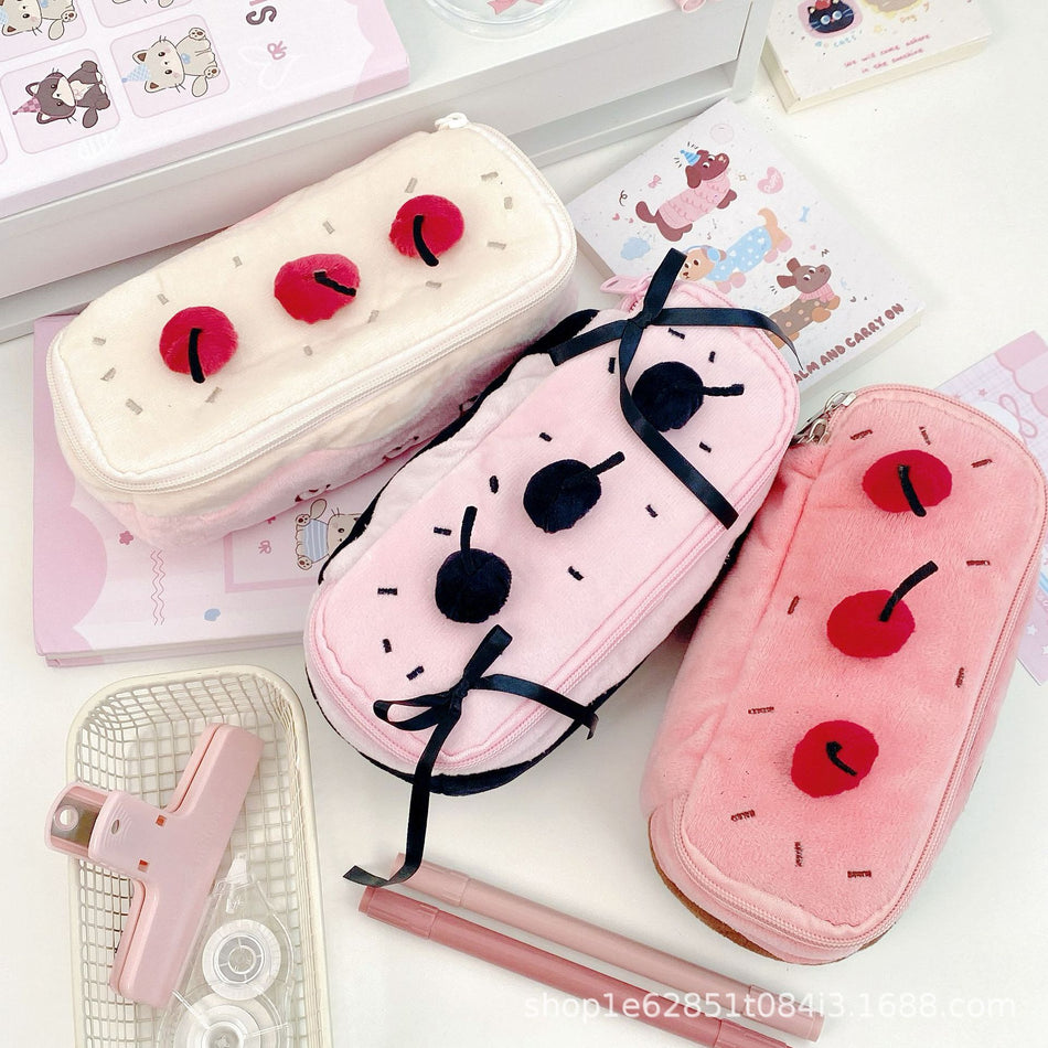 Cute Cherry Cake Plush Pencil Bag – Large Capacity Stationery & Cosmetic Bag