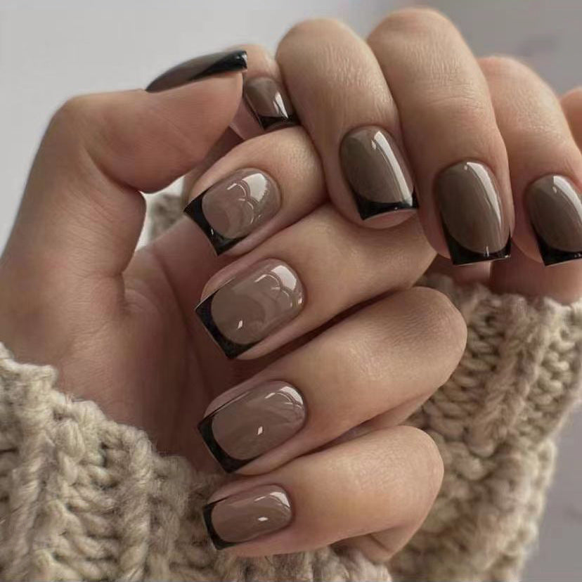 Chocolate Black French Nails – Removable Waterproof Set