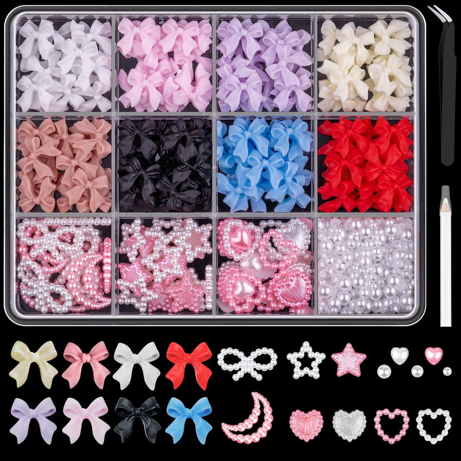 Ribbon Butterfly & Moon Nail Jewelry – Pearl Resin Set