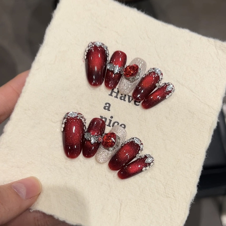 Red Cat Eye Short Handmade Wearable Nails