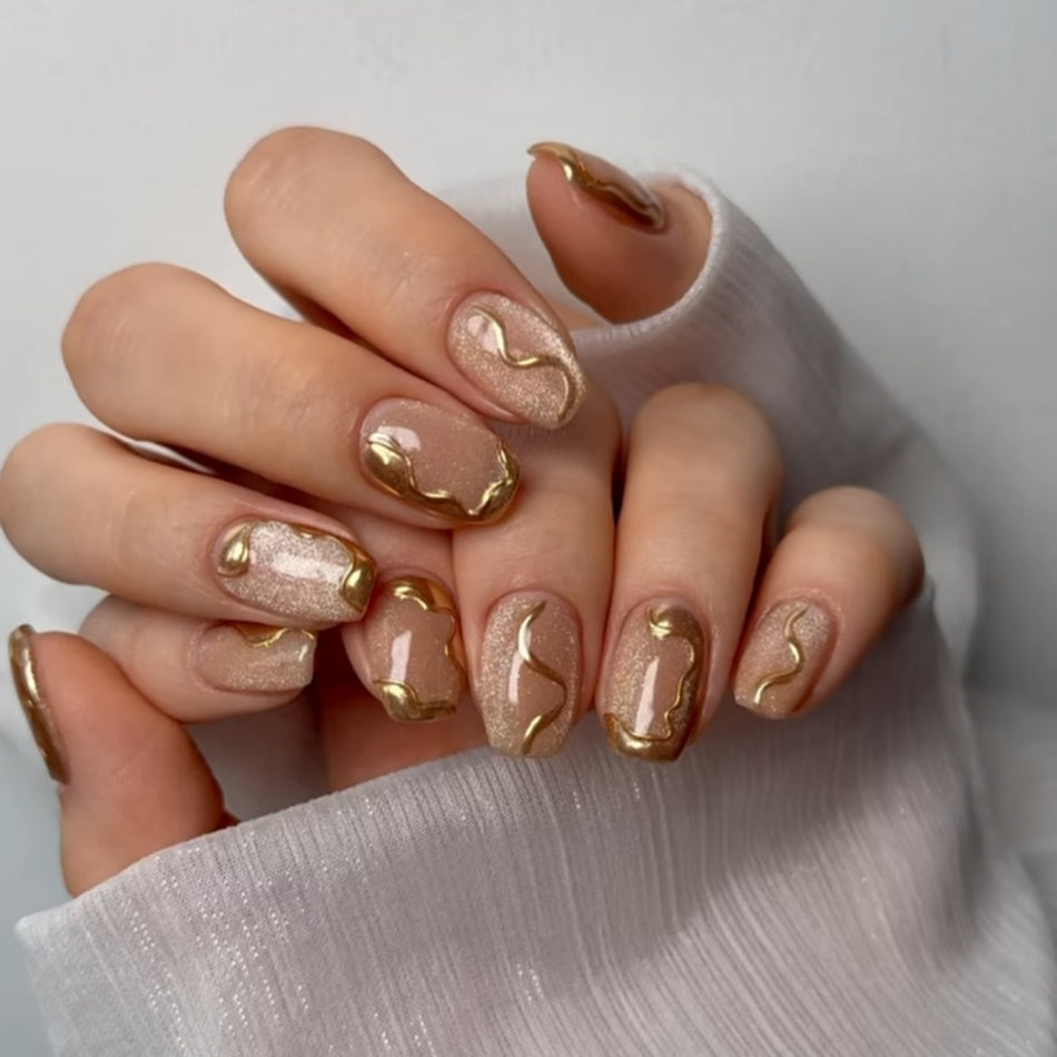 Nude Cat Eye 3D Gold Short Square Nails