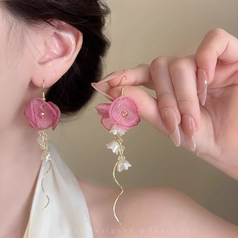 Pink Tulle Flower Tassel Earrings