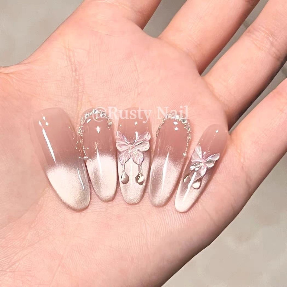 Ice Butterfly Transparent Nude Cat Eye Nails