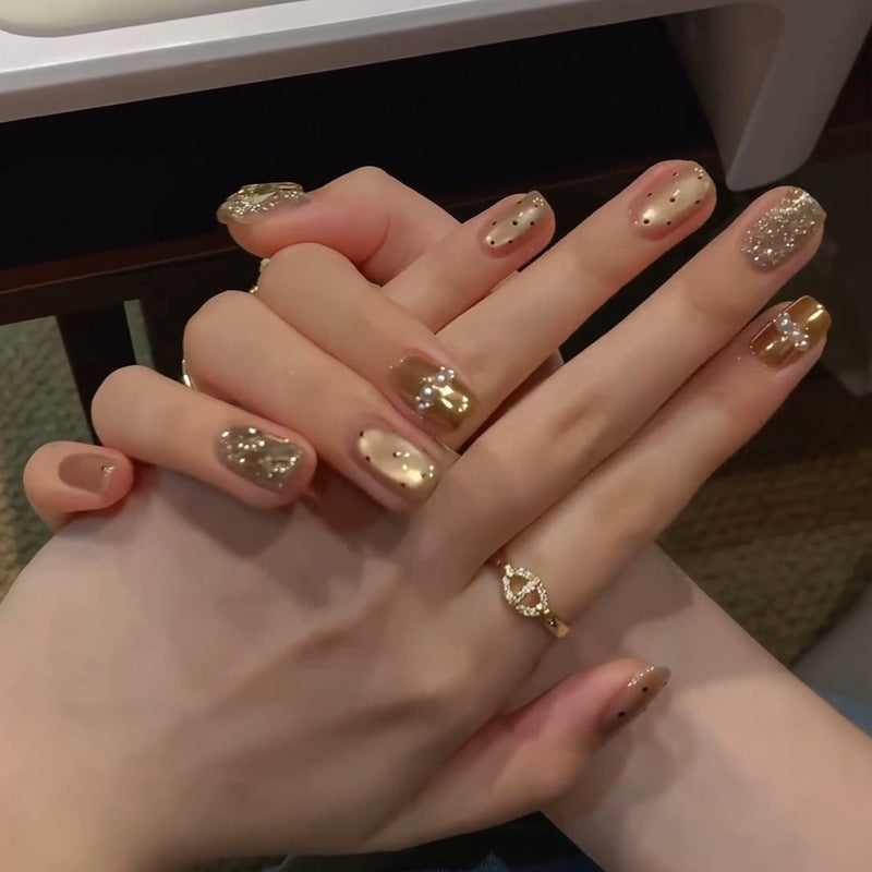 Handmade Nude Brown Polka Dot Pearl Glitter Short Fake Nails