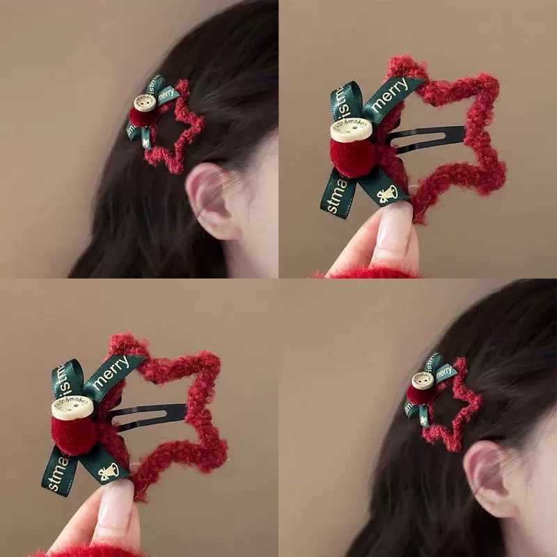 (Pack of 2) Red Plush Star & Bow Hairpin for Girls – Holiday Style