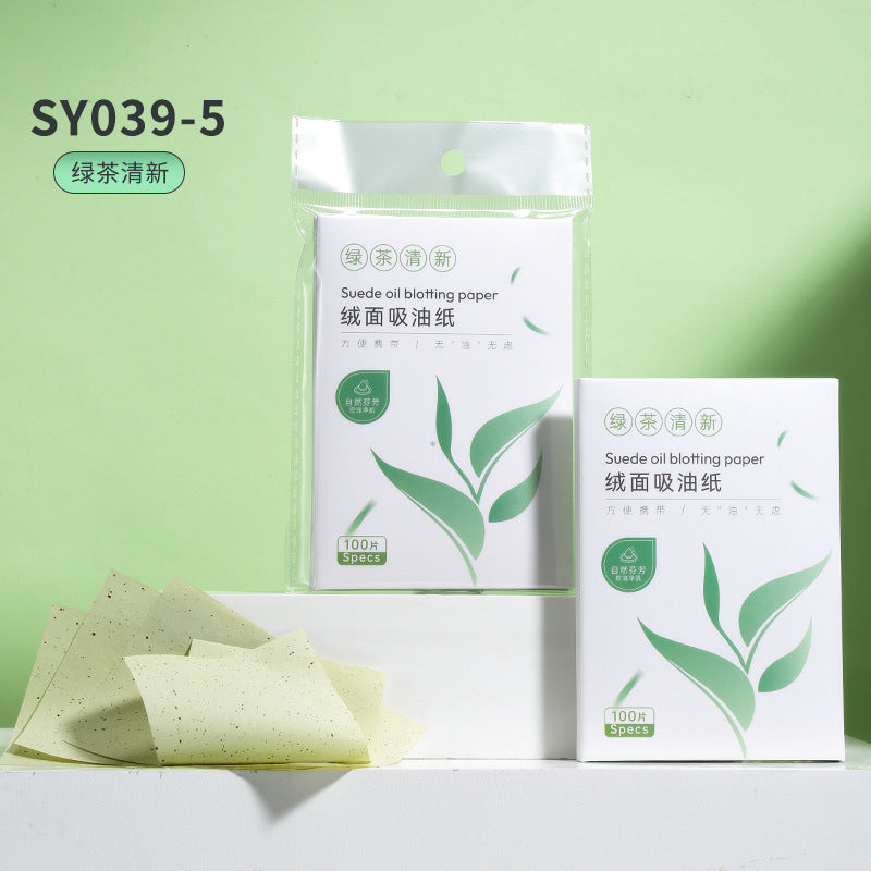 100-Pc Suede Oil Paper | Green Tea & Bamboo Charcoal