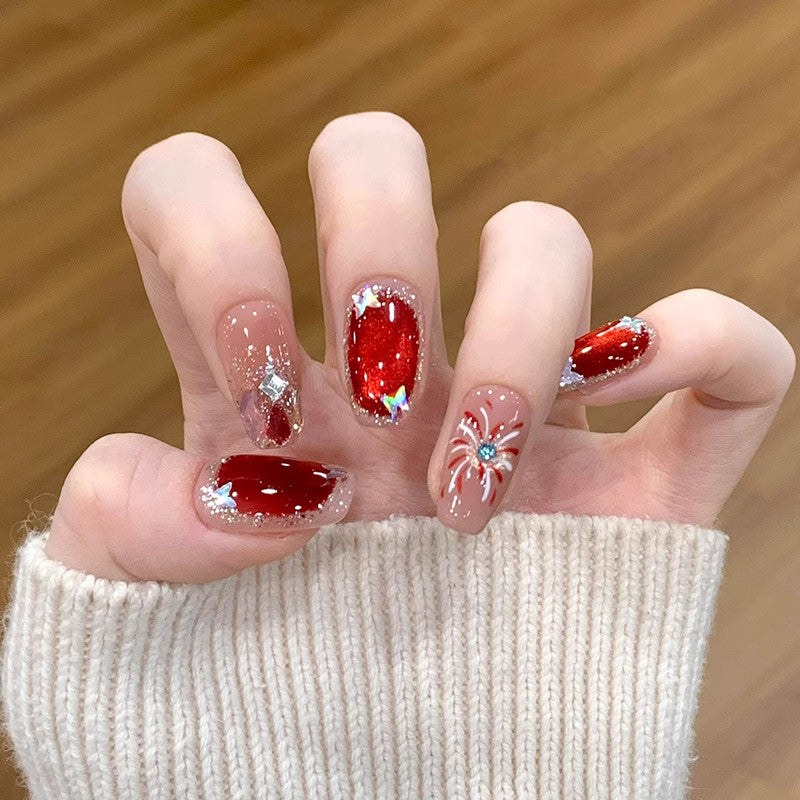 Confession Fireworks Red Handmade Fake Nail Patch – New Year Edition