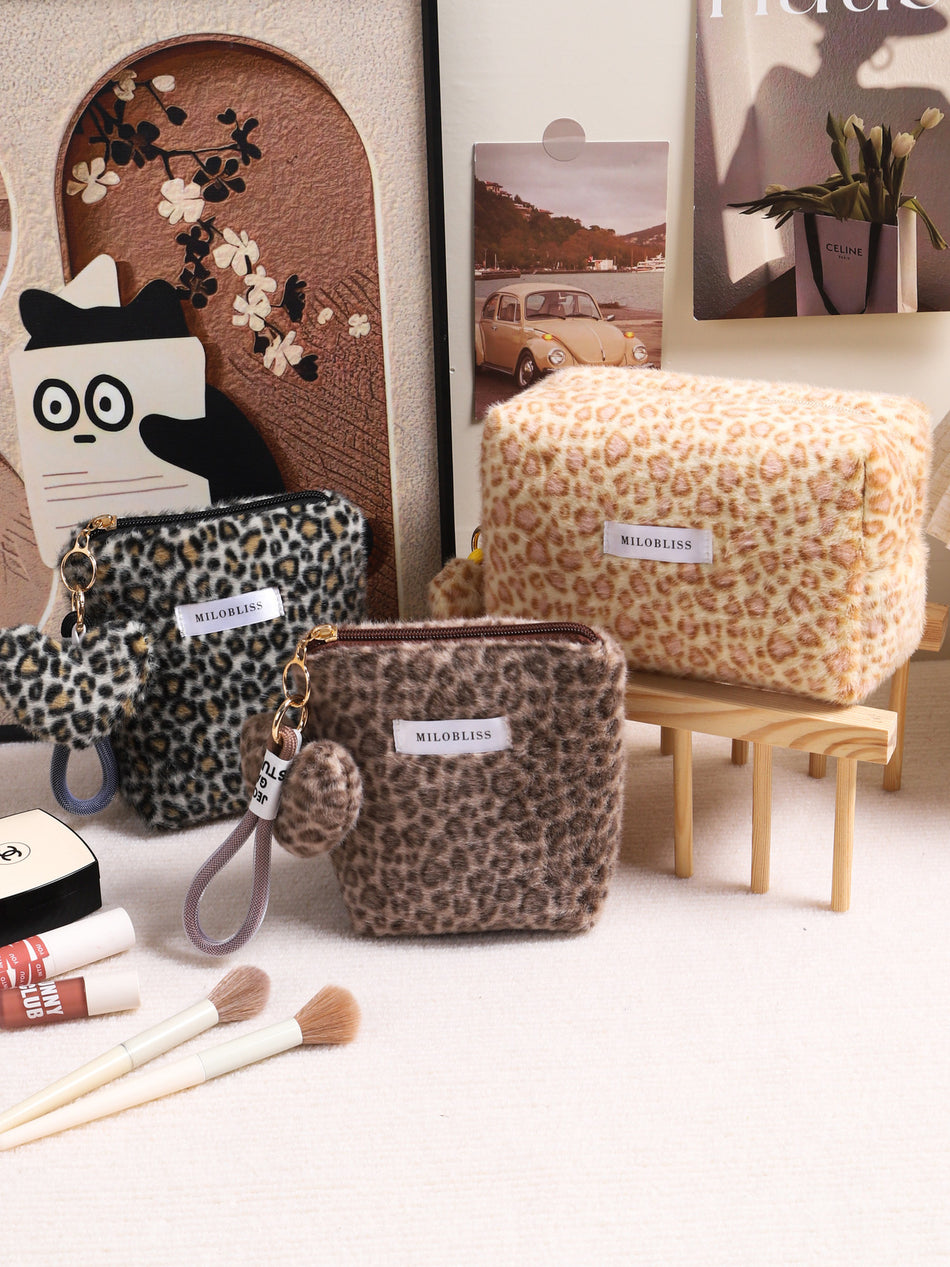Leopard Print Plush Cosmetic Bag Portable Toiletry Tote
