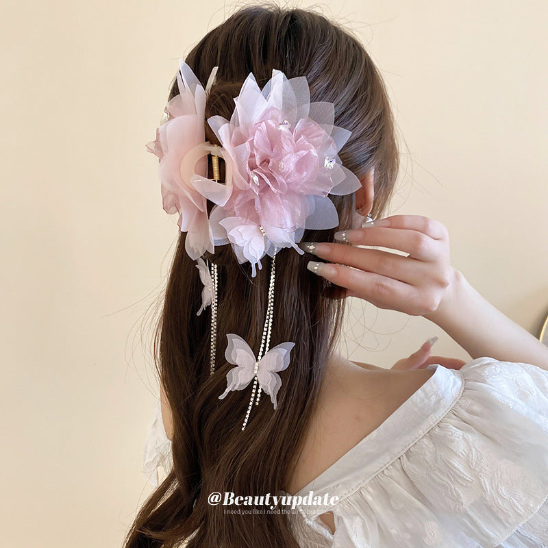 Mesh Flower Diamond Butterfly Tassel Hair Clip – Sweet & Fashionable