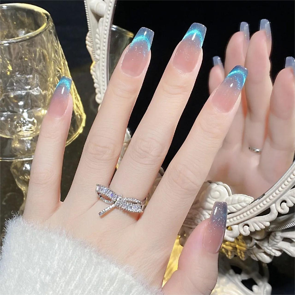 Blue French Cat Eye Fake Nails – Dynamic Ice Fantasy Set