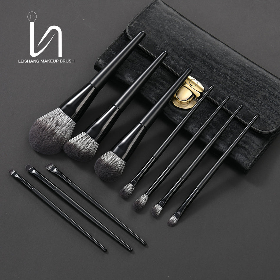 Matte Black Nylon Hair Makeup Brush Set – Portable Powder & Foundation