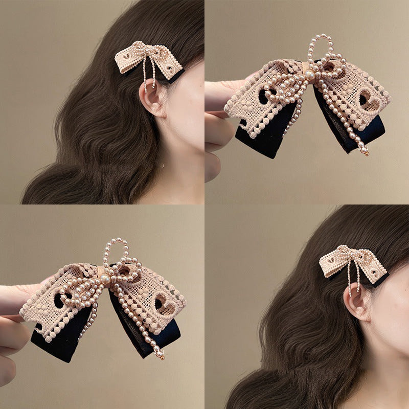Pearl Lace Bow Duck Hair Clip for Women